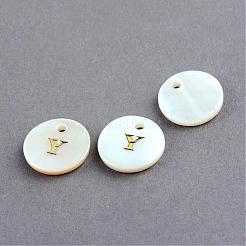 淡水シェルペンダント  ゴールドブロッキング文字.y付きのフラットラウンド  11.5x2mm  穴：1.5mm&nbsp;SSHEL-S249-Y