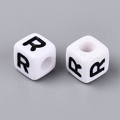 不透明なアクリルビーズ  番号の立方体  エナメル  ブラック  文字r  7.5~8x7.5~8x8~8.5mm  穴：3.6~4mm  約1200個/500g&nbsp;SACR-N020-04A-R