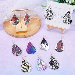 木製プリントのダングルイヤリング作りキット  36個9色ティアドロップウッドペンダント  真鍮のピアスフックと丸カン  ミックスカラー  ペンダント：59x36x2.5mm  穴：1.5mm  4個/カラー&nbsp;DIY-NB0005-67