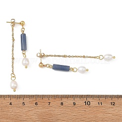 304ステンレススチールスタッドピアス  コラム  合成ブルーアベンチュリンと天然パールを使用した女性用ドロップピアス  ゴールドカラー  63x4.5mm&nbsp;EJEW-JE07386-03