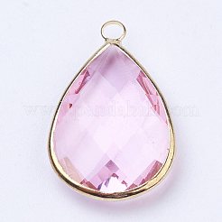 ゴールデントーン真鍮ガラスティアドロップペンダント  多面カット  パールピンク  18x10x5mm  穴：2mm&nbsp;X-GLAA-M006-A-15G