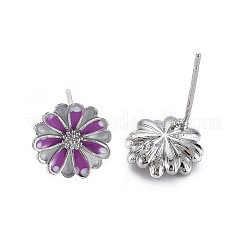 エナメルスタッドピアスのパーツ  真鍮パーツ  カン付き  ニッケルフリー  花  パープル  プラチナメッキ  11x10.5mm  穴：1mm  ピン：0.8mm&nbsp;KK-S356-662P-NF