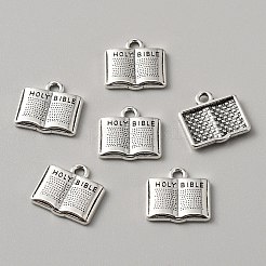 合金のチベット風チャーム  聖書の魅力という言葉が書かれた本  アンティークシルバー  14.5x15x2mm  穴：1.8mm  約150個/袋&nbsp;TIBEP-WH0004-14