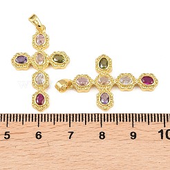 真鍮製マイクロパヴェキュービックジルコニアペンダント  クロスチャーム  ゴールドカラー  ミックスカラー  30x19x3mm  穴：4.5x2.5mm&nbsp;X-KK-H262-08G