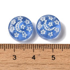 透明なランプワークビーズ  月と星が描かれたフラットラウンド  コーンフラワーブルー  13x5mm  穴：1mm  約70~82個/100g&nbsp;LAMP-P065-04A-09