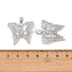 真鍮と透明キュービックジルコニアのペンダント  蝶のチャーム  プラチナメッキ  25x28.5x4.5mm  穴：6.5x4mm&nbsp;KK-G558-16P
