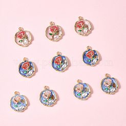 10本合金エナメルペンダント  ABSイミテーションパールとグリッターパウダー付き  花付きフラットラウンド  ラックめっき  長持ちメッキ  鉛フリー＆カドミウムフリー＆ニッケルフリー  ゴールドカラー  ミックスカラー  23.5x19.5x6mm  穴：1.8mm&nbsp;ENAM-FS0003-26
