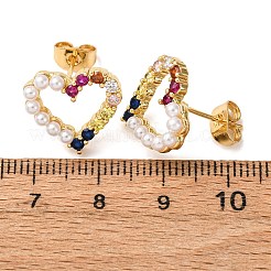 真鍮マイクロパヴェキュービックジルコニアハートスタッドピアス  ABSの模造パールと  18KGP本金メッキ  13.5x15mm&nbsp;EJEW-K267-32G