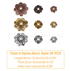 450個 9スタイル チベットスタイル 合金フラワービーズキャップ  ミックスカラー  6~13.5x2~3mm  穴：1~2mm&nbsp;TIBE-GO0001-01