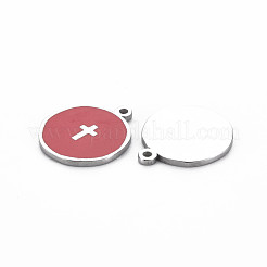 304ステンレススチールエナメルペンダント  ステンレス鋼色  クロスとフラットラウンド  ファイヤーブリック  17.5x15x1mm  穴：1.2mm&nbsp;STAS-S117-030