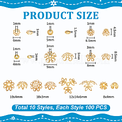 1000 個 10 スタイルのアイロンビーズキャップ  ゴールドカラー  4~10x4~14x1~6mm  穴：0.5~1.5mm  100個/スタイル&nbsp;FIND-UN0009-95