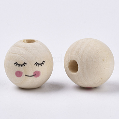 天然木ヨーロッパビーズ  印刷  大穴ビーズ  ラウンド  古いレース  15~16mm  穴：4mm&nbsp;X2-WOOD-S055-17