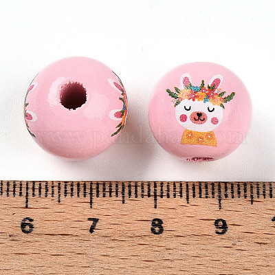 イースターテーマのプリントウッドビーズ  ラウンド  ピンク  14.5~15x15.5~16.5mm  穴：4~4.5mm&nbsp;WOOD-T032-22T-1