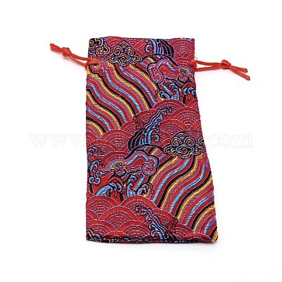 シルクポーチ  ドローストリングバッグ  波模様の長方形  ファイヤーブリック  16.3x7.8x0.4cm&nbsp;ABAG-WH0032-09A-1