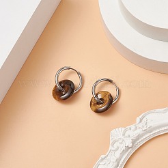ナチュラル タイガーアイ パイ ディスク/ドーナツ ダングル フープ イヤリング  女性用304ステンレスジュエリー  29.5mm  ピン：1mm&nbsp;EJEW-JE05132-01
