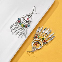 リング＆フェザー合金＆ガラスシャンデリアピアス  アンティークシルバー  90.5x32mm&nbsp;EJEW-G426-01AS