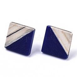 不透明な樹脂と木製のスタッドピアス  304ステンレスピン付き  菱形  ミッドナイトブルー  17x18mm  ピン：0.7mm&nbsp;EJEW-N017-005A-B01