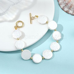 女性用シェルパール＆真鍮ビーズブレスレット  フラットラウンド  7.56インチ（19.2cm）  ビーズ：15~15.5mm&nbsp;BJEW-JB13780-01