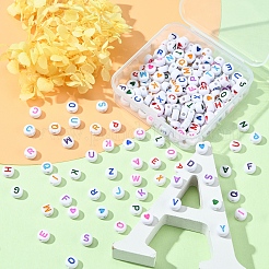 200個2スタイルの不透明なアクリルビーズ  文字とハートのフラットラウンド  ミックスカラー  7x3.5mm  穴：1.2mm&nbsp;SACR-YW0001-47