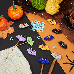 12個6色のコウモリのハロウィーンテーマシリコンフォーカルビーズと50個のプラスチック編みステッチマーカーリング  ミックスカラー  11.5~21.5x1~36.5mm&nbsp;SIL-BC0001-11