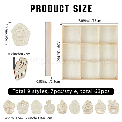 63 スタイルの未完成の木製カットアウト 9 個  クラフト用品  ケーキ  49.5~50x39~45x2mm  穴：2.5~3mm  7個/スタイル&nbsp;WOOD-WH20011-11A