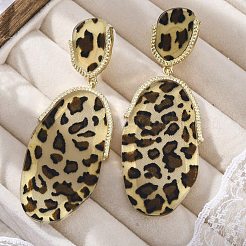 合金アクリルダングルスタッドピアス  楕円形の長いヒョウ柄  ゴールドカラー  80x28mm&nbsp;LS-EJEW-M074-01G-01