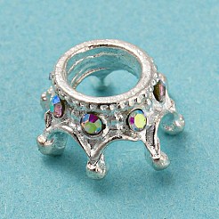 亜鉛合金ヨーロピアンビーズ  ラインストーン付き  大穴ビーズ  クラウン  銀  11.5~12x6mm  穴：5.5mm&nbsp;PALLOY-K013-01S