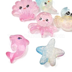 海の生き物の透明な樹脂カボション  混合図形  スパンコール入り  ミックスカラー  19~23x13~22x7~8mm&nbsp;RE-CBAA0C5-03