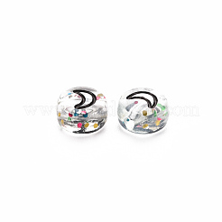 無色透明アクリルビーズ  グリッターパウダー付き  黒い月とハートと花と星のあるフラットラウンド  7x3.5mm  穴：1.5mm&nbsp;X-TACR-Q102-001