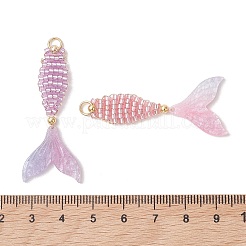 2色のガラスシードビーズペンダント2個  魚のチャーム  樹脂と304ステンレス鋼を使用  18KGP本金メッキ  ミックスカラー  45x19x2.5mm  丸カン：5x1ミリ  内径：3mm  1pc /カラー&nbsp;PALLOY-MZ01263