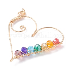 ワイヤーラップガラスペンダント  真鍮パーツ  ハートチャーム  ライトゴールド  カラフル  55x16x6mm  穴：3.5mm&nbsp;PALLOY-JF01321-02