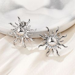 304ステンレススチールスタッドピアス  太陽  ラインストーン付き  ステンレス鋼色  25x25mm&nbsp;EJEW-D319-11P
