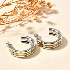 304ステンレススチールツートンスタッドピアス  トリプルC字型  ゴールデン·ステンレス鋼色  30x8mm&nbsp;EJEW-F355-05GP-06