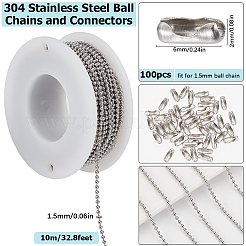 10m 304ステンレススチールボールチェーン  100個のステンレス鋼ボールチェーンコネクター  ステンレス鋼色  1.5mm&nbsp;CHS-SC0001-04A