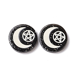 樹脂カボション  グリッターパウダー付き  月と五芒星模様の平丸  ブラック  29x5.5mm&nbsp;RESI-G055-02B