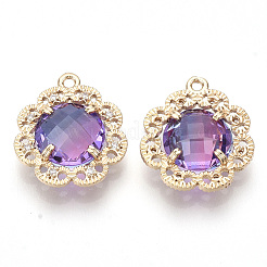 真鍮チャーム  ファセットガラスとクリアラインストーン  花  ゴールドカラー  蘭  18x16.5x6mm  穴：1.2mm&nbsp;GLAA-R212-02G