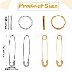 4ペア 4スタイル 安全ピン&リング 304ステンレススチール フープピアス 女性用  ゴールデン·ステンレス鋼色  15.5x1.5mm  38x8x1.5mm  ピン：0.7~0.8mm  1ペア/スタイル&nbsp;EJEW-SZ0001-84