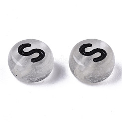 エナメルスタイルのアクリルビーズ  蓄光  水平穴  アルファベット付きフラットラウンド  ライトグレー  混成  7x4mm  穴：1.6mm&nbsp;X-SACR-S273-29