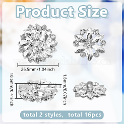 真鍮ラインストーンシャンクボタン16個、2スタイル  1穴  花  銀  クリスタル  20~26.5x19~26.5x8~10.5mm  穴：1.8~2mm&nbsp;FIND-AR0006-56