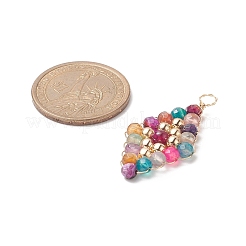 天然混石銅線巻きペンダント  真鍮ビーズ付きひし形チャーム  ゴールドカラー  39~41x20x4mm  穴：4mm&nbsp;PALLOY-JF02012