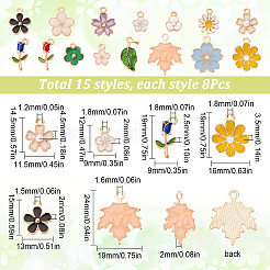 120本15スタイルアロイエナメルペンダント  さくら/バラ/花  ミックスカラー  12~24x9~17x1.5~2.5mm  穴：1.6~1.8mm  8個/スタイル&nbsp;ENAM-SC0003-31