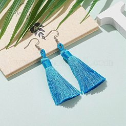ポリエステルタッセルピアス  304ステンレススチールピアスフック付き  ステンレス鋼色  ディープスカイブルー  82mm  ピン：0.6mm&nbsp;EJEW-JE04452-03