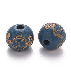 塗装天然木ビーズ  レーザー彫刻模様  花模様の丸  スチールブルー  10x9mm  穴：3mm&nbsp;WOOD-N006-03A-07