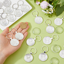 60個のDIYフラットラウンド合金キーホルダー作成キット  鉄のリングとガラスのカボション  アンティークシルバー＆プラチナ  61mm&nbsp;KEYC-DC00053