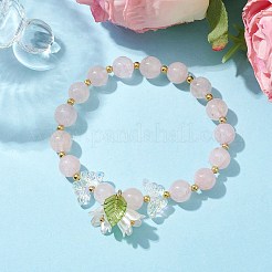 バタフライナチュラルローズクォーツストレッチブレスレット  アクリルフラワーチャーム付き  内径：2インチ（5cm）&nbsp;BJEW-JB10085