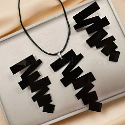 不規則な幾何学模様のアクリルとイミテーションレザーのコードペンダントネックレスとスタッドピアスセット  ブラック  450mm&nbsp;FS-WGB043E-01