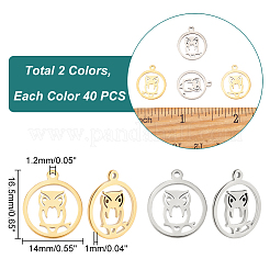 80個2色304ステンレススチールペンダント  フクロウとリング  ゴールデン·ステンレス鋼色  16.5x14x1mm  穴：1.2mm  40個/カラー&nbsp;STAS-DC0012-30