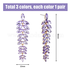 3ペア3色のラインストーンリーフクラスターイヤリング  女性用ゴールデン合金ダングルスタッドピアス  ミックスカラー  86x22mm  1ペア/カラー&nbsp;EJEW-FI0002-70