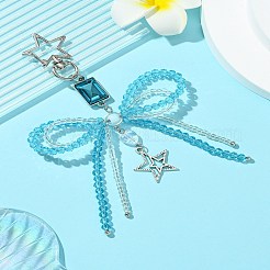 合金ガラスチップペンダント装飾  透明アクリル＆ガラスシードビーズ蝶結びペンダント装飾  亜鉛合金製回転式ロブスタースター留め金付き  ブルー  13.5cm&nbsp;HJEW-FZ00040