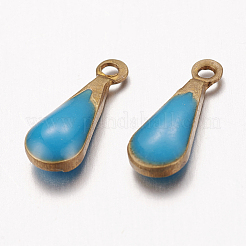 アンティークゴールデンメッキ真鍮エナメルティアドロップ  チャーム  エポチャーム  ミディアムターコイズ  11x4x3mm  穴：1mm&nbsp;X-KK-Q571-01C